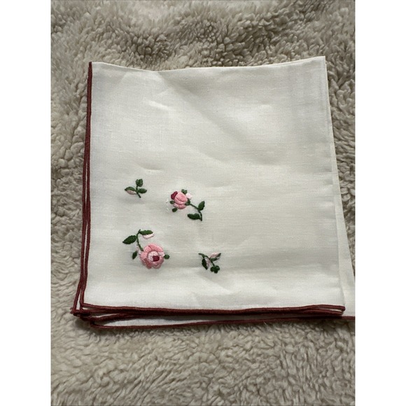 VTG Lot 4 Cloth Luncheon Napkins 10" X 10" White With  A Cross stitch Pink‎ Rose - Picture 1 of 5